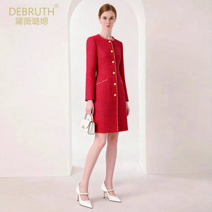 黛薇璐媤红色小香风粗花呢外套女中长2026春新款法式气质收腰风衣