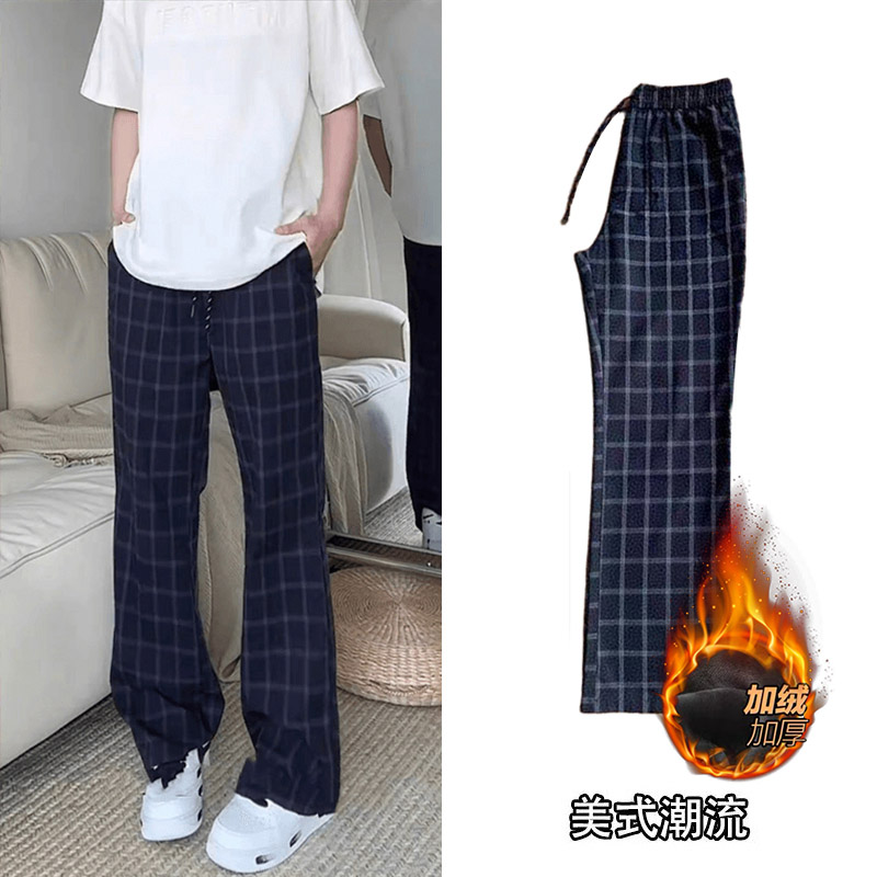 美式复古格子加绒休闲裤男款