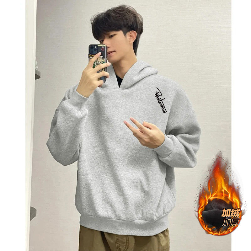 灰色重磅连帽卫衣男女情侣秋冬季加绒加厚套头基础款美式外套帽衫