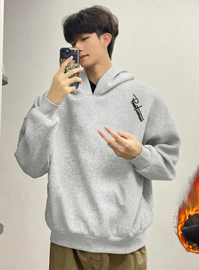 灰色重磅连帽卫衣男女情侣秋冬季加绒加厚套头基础款美式外套帽衫