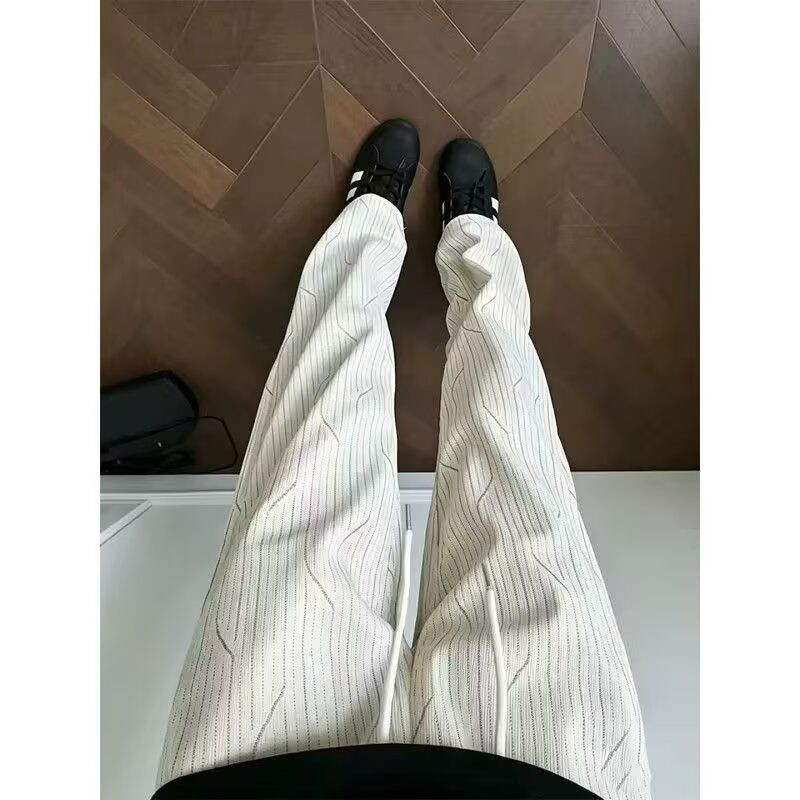 美式老钱风条纹抽绳阔腿裤男秋冬