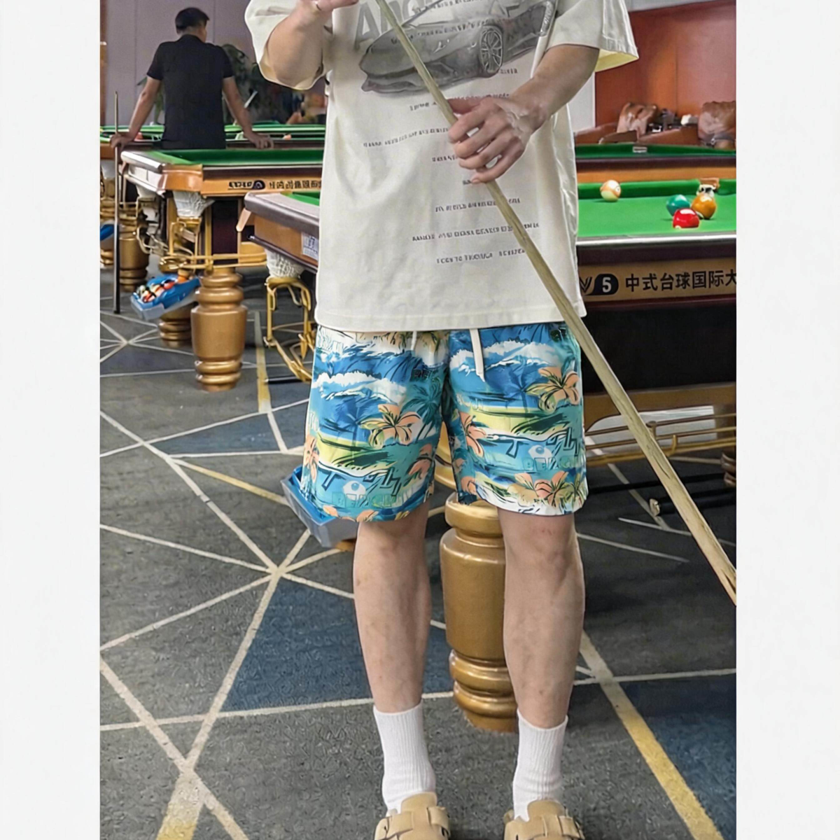 度假风椰叶印花沙滩裤 男女情侣款短裤夏季宽松直筒休闲五分裤子