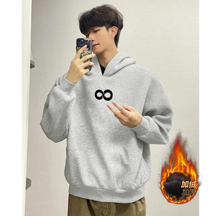 百搭上衣潮 男女情侣款 青少年连帽加绒加厚卫衣个性 图案印花秋冬季