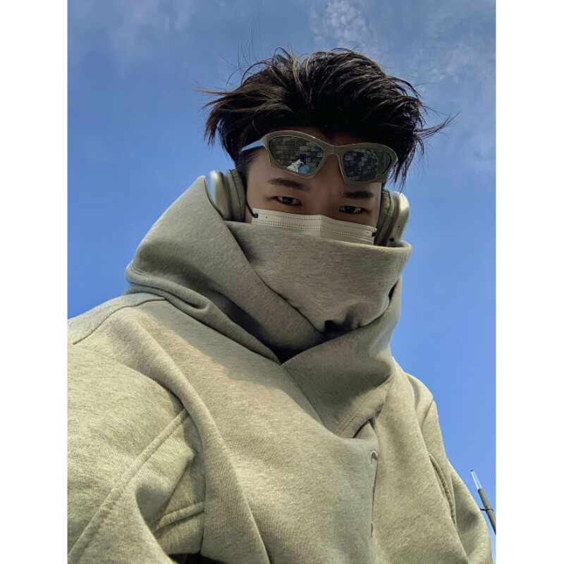 美式机能风高领连帽运动卫衣男女秋冬新款加绒宽松潮高街忍者外套