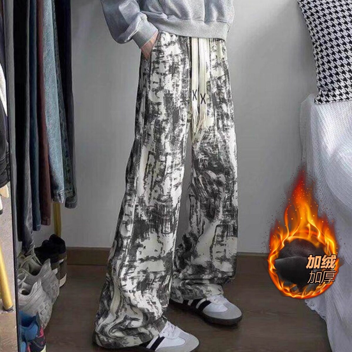 裤子男秋冬加绒灯芯绒美式复古设计感青年宽松直筒休闲卫裤时尚