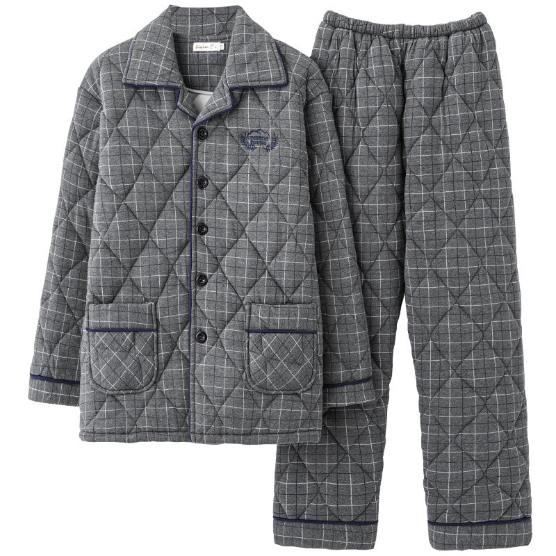 毕求美100%纯棉三层加厚夹棉冬季男士睡衣棉袄冬款男式大码家居服