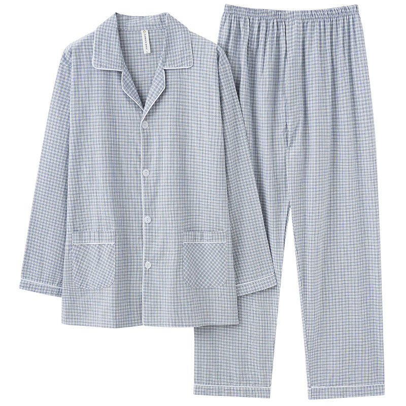 有开门襟中老年梭织棉布睡衣男春夏100纯棉长袖全棉家居服套装4XL