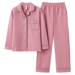 睡衣女中厚100纯棉长袖 空气棉夹层中年妈妈薄夹棉家居服 秋冬女款