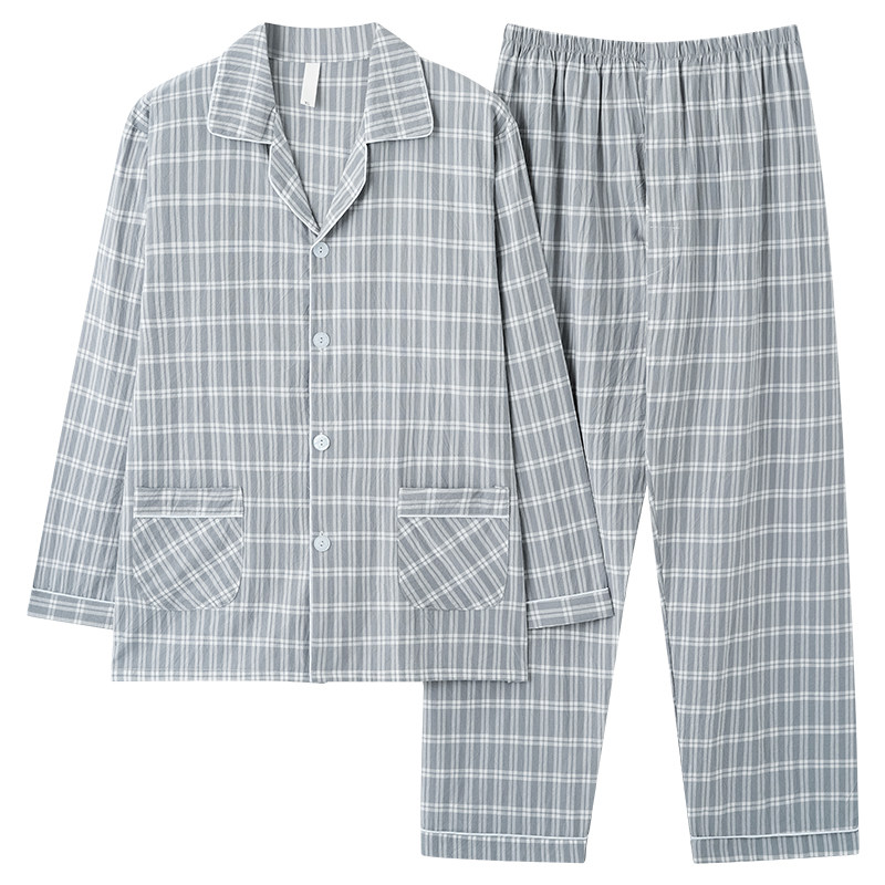 带小便口春夏长袖100纯棉布睡衣男套装全棉可外穿梭织全棉家居服
