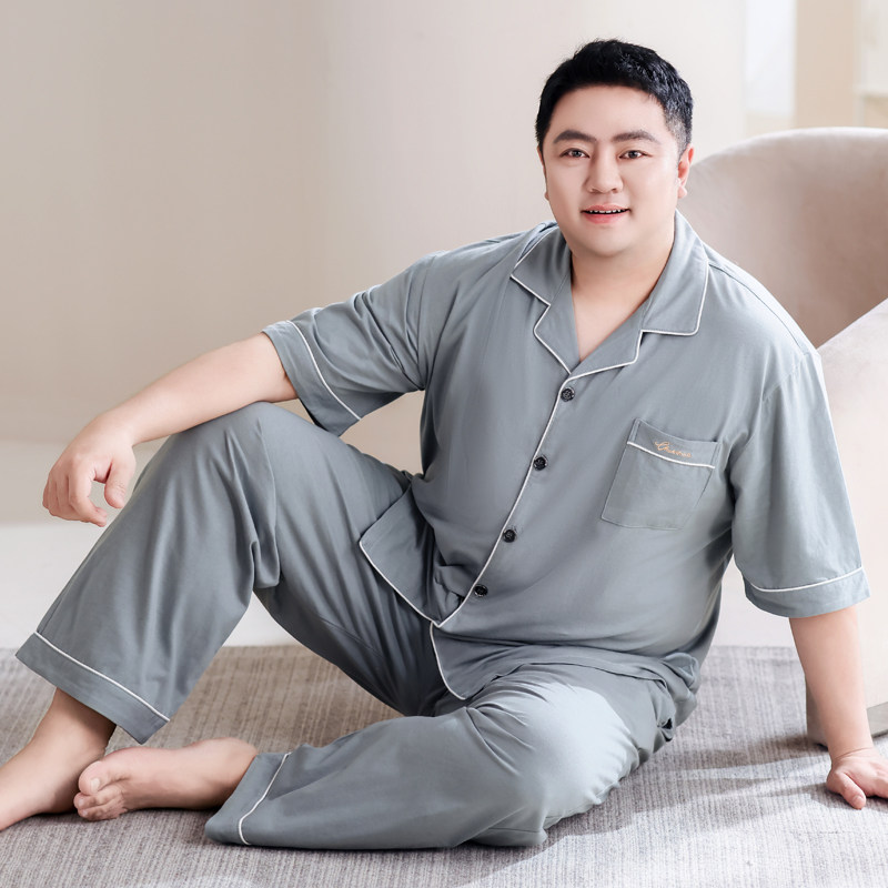 加肥加大码睡衣男高档100纯棉夏季短袖长裤特大码360斤全棉家居服