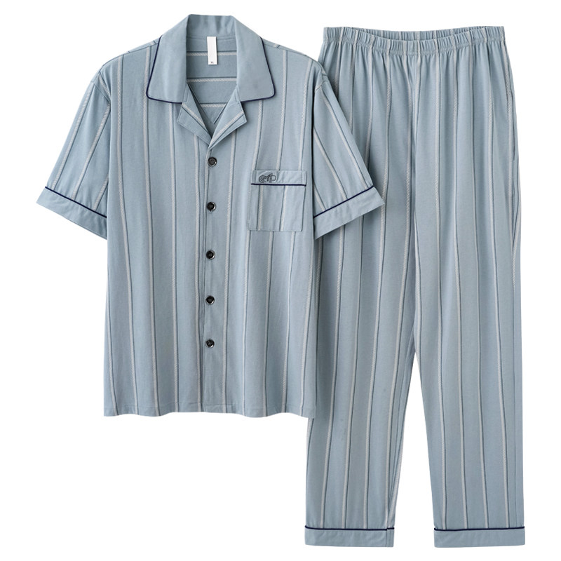 睡衣男夏季100纯棉短袖长裤夏天薄款中老年爸爸全棉家居服套装4XL