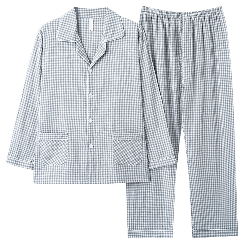 带小便 口睡衣男士春秋夏季100纯棉布全棉长袖梭织家居服薄款套装