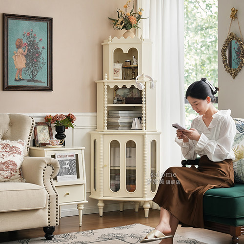 法式奶油白实木转角置物架墙角柜