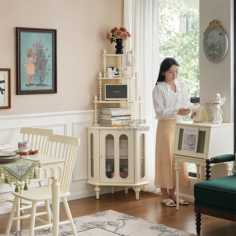法式奶油白实木转角置物架墙角柜