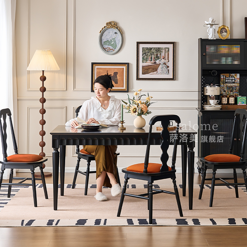 美式乡村简约实木餐桌椅组合黑色轻奢现代小户型法式长方形家具用