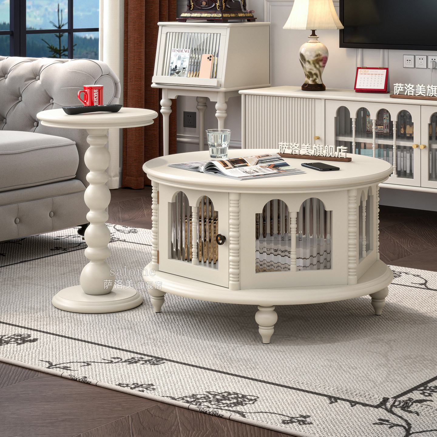 奶油风实木圆形茶几组合客厅家用美式白色小户型茶台茶桌沙发边几