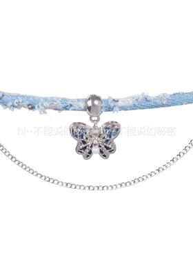 饰品做旧风牛仔项圈蝴蝶吊坠颈链