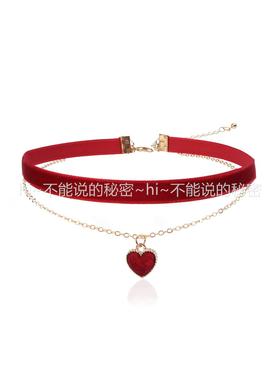 新年圣诞节饰品酒红色爱心锁骨链