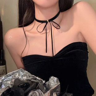 复古纯欲风丝绒蝴蝶结choker锁骨项链女辣妹简约百搭项圈黑色颈带
