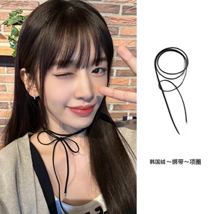 纯欲风锁骨链系带黑色丝绒蝴蝶结项圈长简约毛衣链choker绑带颈链