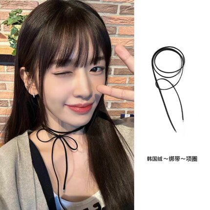 纯欲风锁骨链系带黑色丝绒蝴蝶结项圈长简约毛衣链choker绑带颈链