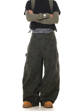 BTSG美式复古多口袋迷彩廓形弯刀牛仔裤小众baggy阔腿休闲工装裤