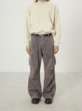 BTSG水洗枪灰褪色破坏Cargo阔腿工装裤美式vintage宽松直筒法工裤