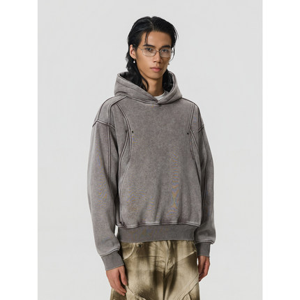 BTSG/美式复古解构拼接加绒连帽卫衣男重磅水洗做旧vibe帽衫外套