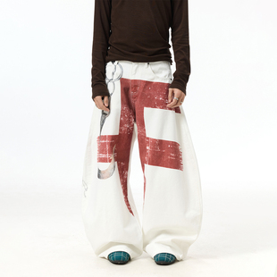 复古宽松男女弯刀裤 印花撞色阔腿牛仔裤 子 Baggy街头感3D数码 BTSG