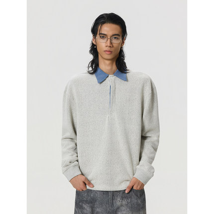 BTSG/高智感牛仔撞色拼接领混纺棉polo衫假两件休闲复古长袖卫衣