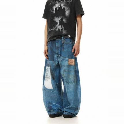 BTSG美式复古3D数码印花baggy宽松阔腿牛仔裤小众水洗做旧长裤男