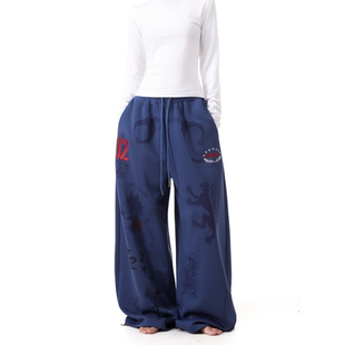 baggy街头慵懒垂感拖地长裤 BTSG美式 复古涂鸦手绘松紧腰阔腿卫裤