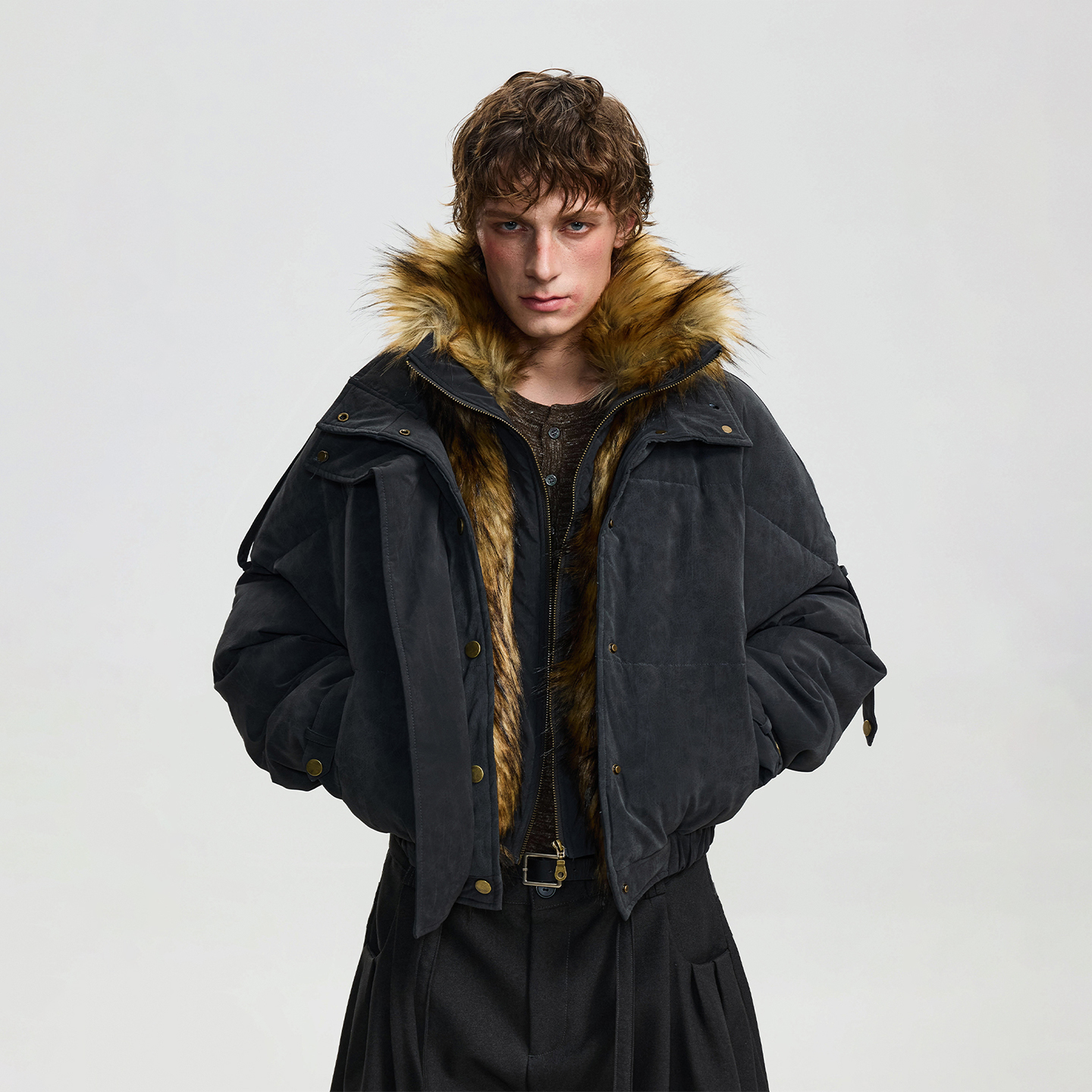 美式复古假两件立领座山雕棉服