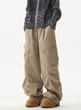 BTSG美式复古街头大口袋工装裤男女宽松阔腿可束脚抽绳伞兵休闲裤