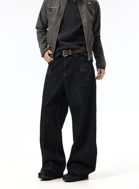 BTSG美式复古洗水14盎司激光烧花原牛赤耳真皮皮牌宽松阔腿牛仔裤