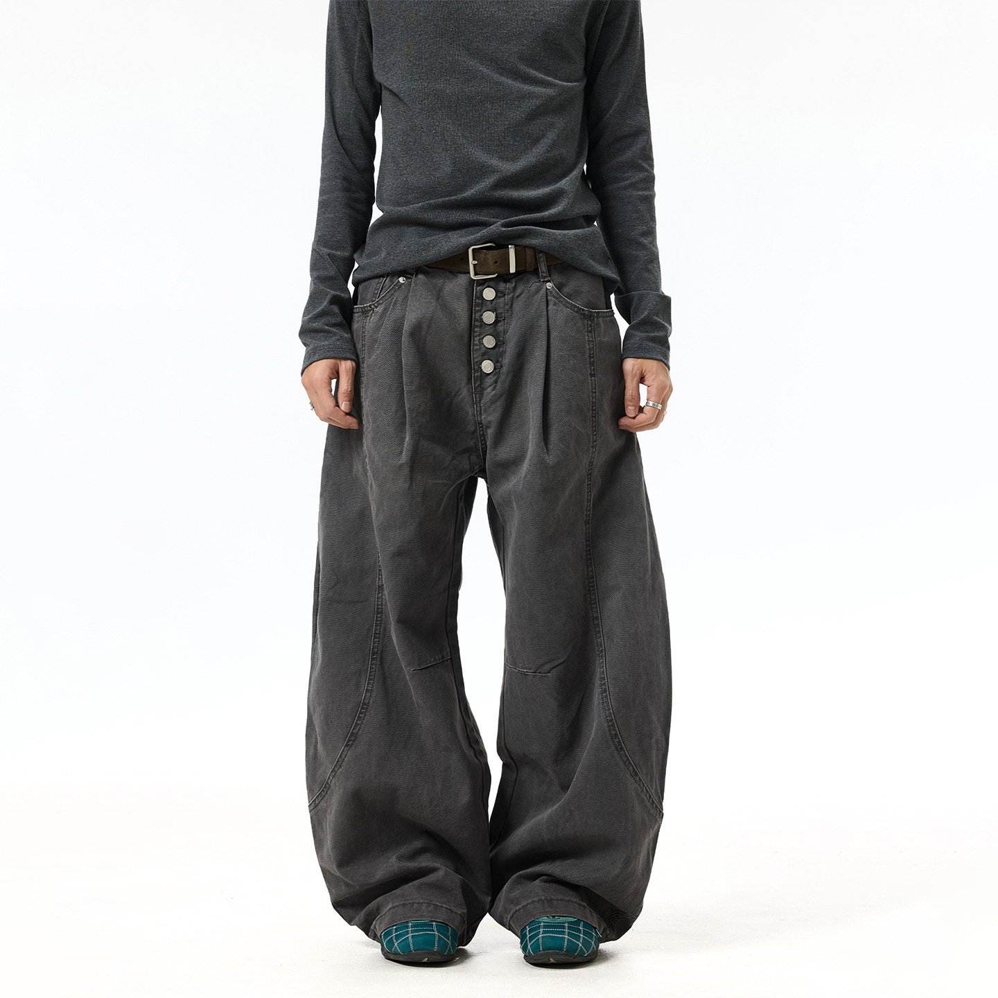 BTSG复古水洗做旧格雷灰排扣门襟牛仔裤美式Cleanfit阔腿工装裤男,男装,时尚工装裤,淘宝优惠券,粉丝福利购,淘宝优惠卷