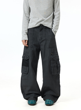 BTSG vintage水洗高级灰立体口袋工装裤Cleanfit复古宽松弯刀裤男