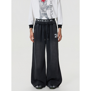 baggy街头垂感宽松拖地长裤 复古水洗做旧双腰头阔腿卫裤 美式 BTSG
