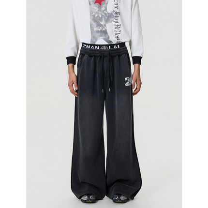 BTSG/美式复古水洗做旧双腰头阔腿卫裤baggy街头垂感宽松拖地长裤