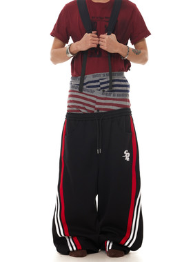 BTSG美式复古三条杠百搭运动阔腿卫裤baggy街头中古拖地休闲裤男