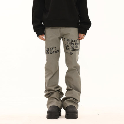 BTSG美式复古小众设计标语刺绣堆叠感休闲裤Cleanfit直筒微喇长裤