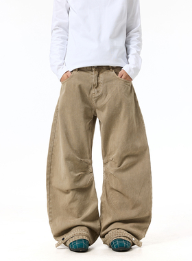 BTSG高级感复古水洗做旧双褶皱牛仔裤美式Cleanfit微喇阔腿工装裤