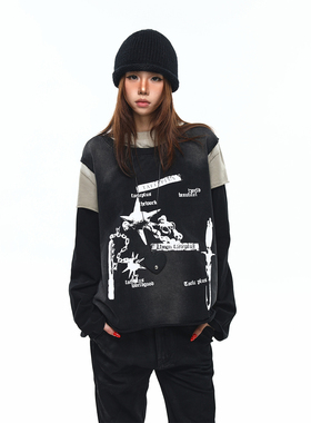 BTSG 小众轻亚裁片拼接假三件长袖T恤boxy短款正肩涂鸦毛边打底衫