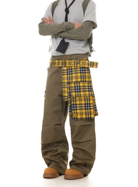 BTSG美式复古格纹拼接假两件可拆卸裙摆工装裤街头叠穿宽松休闲裤