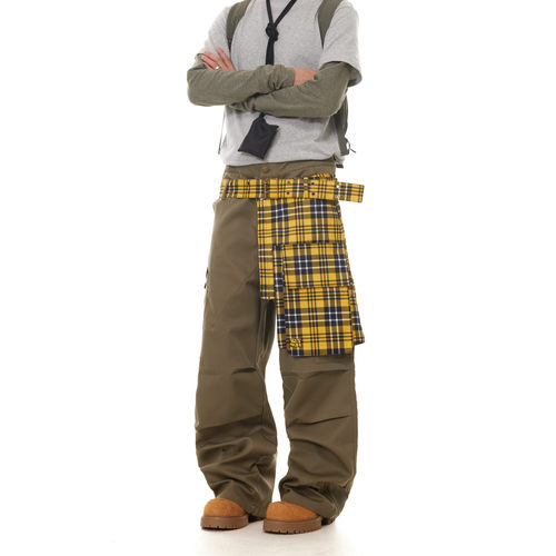 BTSG美式复古格纹拼接假两件可拆卸裙摆工装裤街头叠穿宽松休闲裤