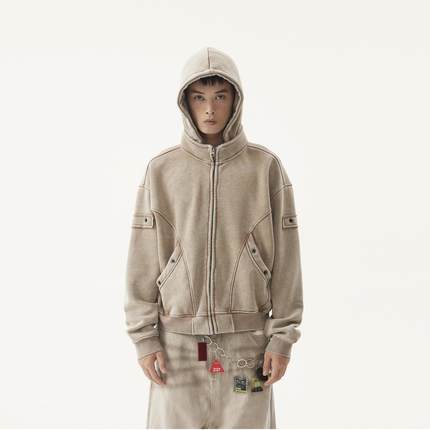 BTSG美式复古Cleanfit炒色解构层次感廓形加绒连帽卫衣开衫外套潮