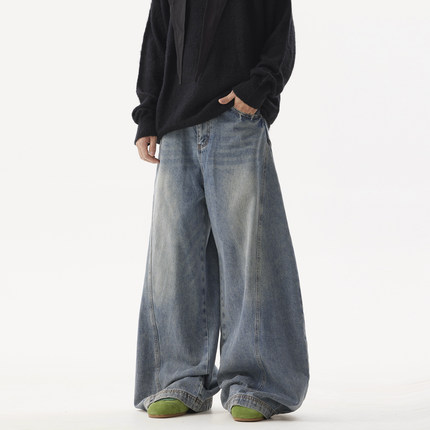 BTSG美式复古小众设计感洗水解构松弛感宽松阔腿拖地弯刀牛仔裤潮