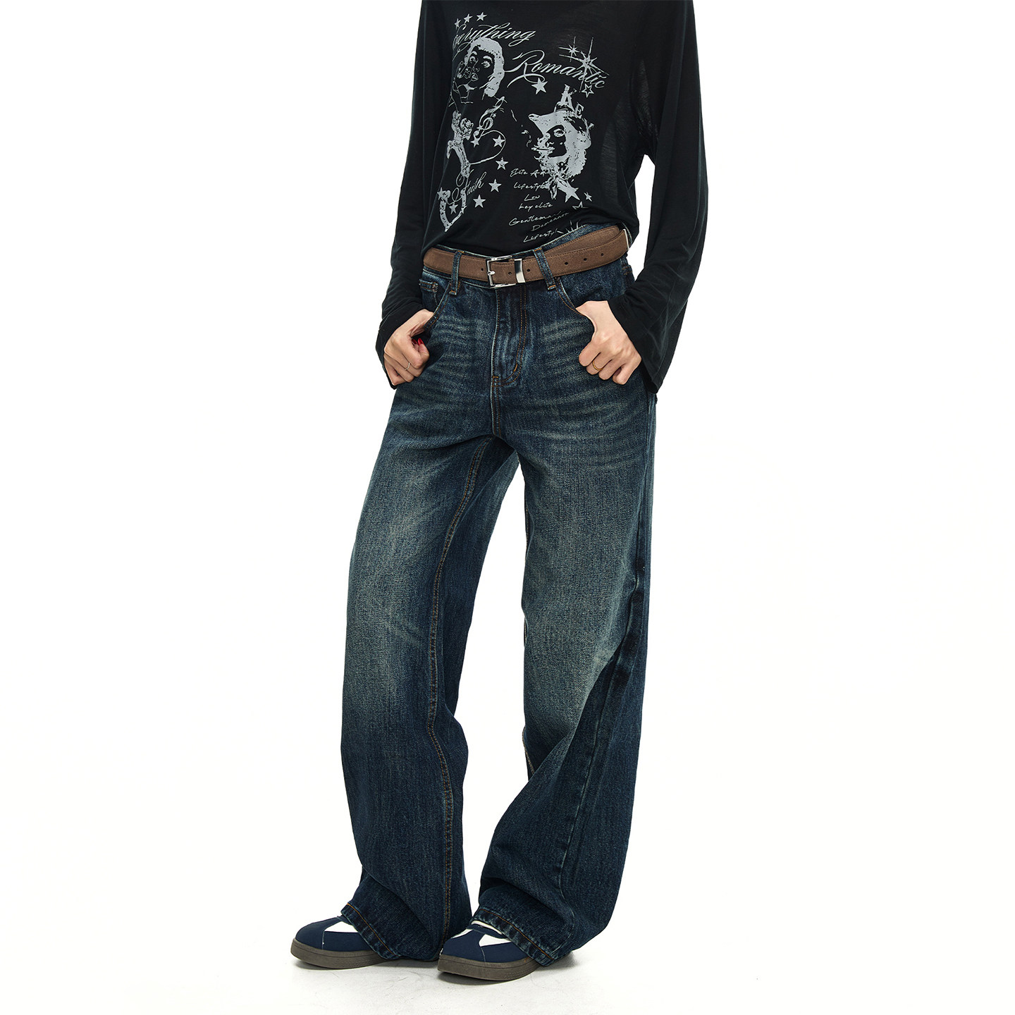 BTSG复古水洗做旧猫须深蓝色牛仔裤Cleanfit A字版型宽松直筒裤子,男装,牛仔裤,淘宝优惠券,粉丝福利购,淘宝优惠卷