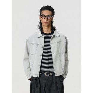 夹克男 复古解构明线翻领灰白牛仔外套boxy短宽休闲工装 BTSG 美式