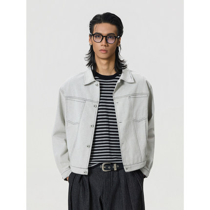 BTSG/美式复古解构明线翻领灰白牛仔外套boxy短宽休闲工装夹克男